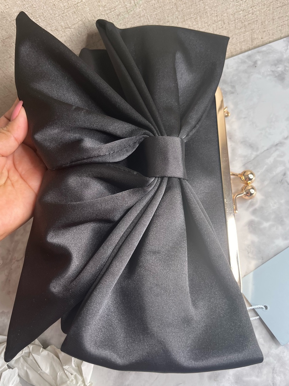 ANTONIO MELANI Black Satin Bow Clutch with Gold Frame